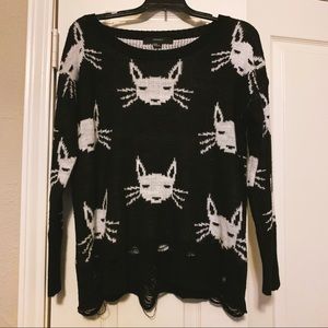 Forever 21 Black Kitty Cat Distressed Sweater